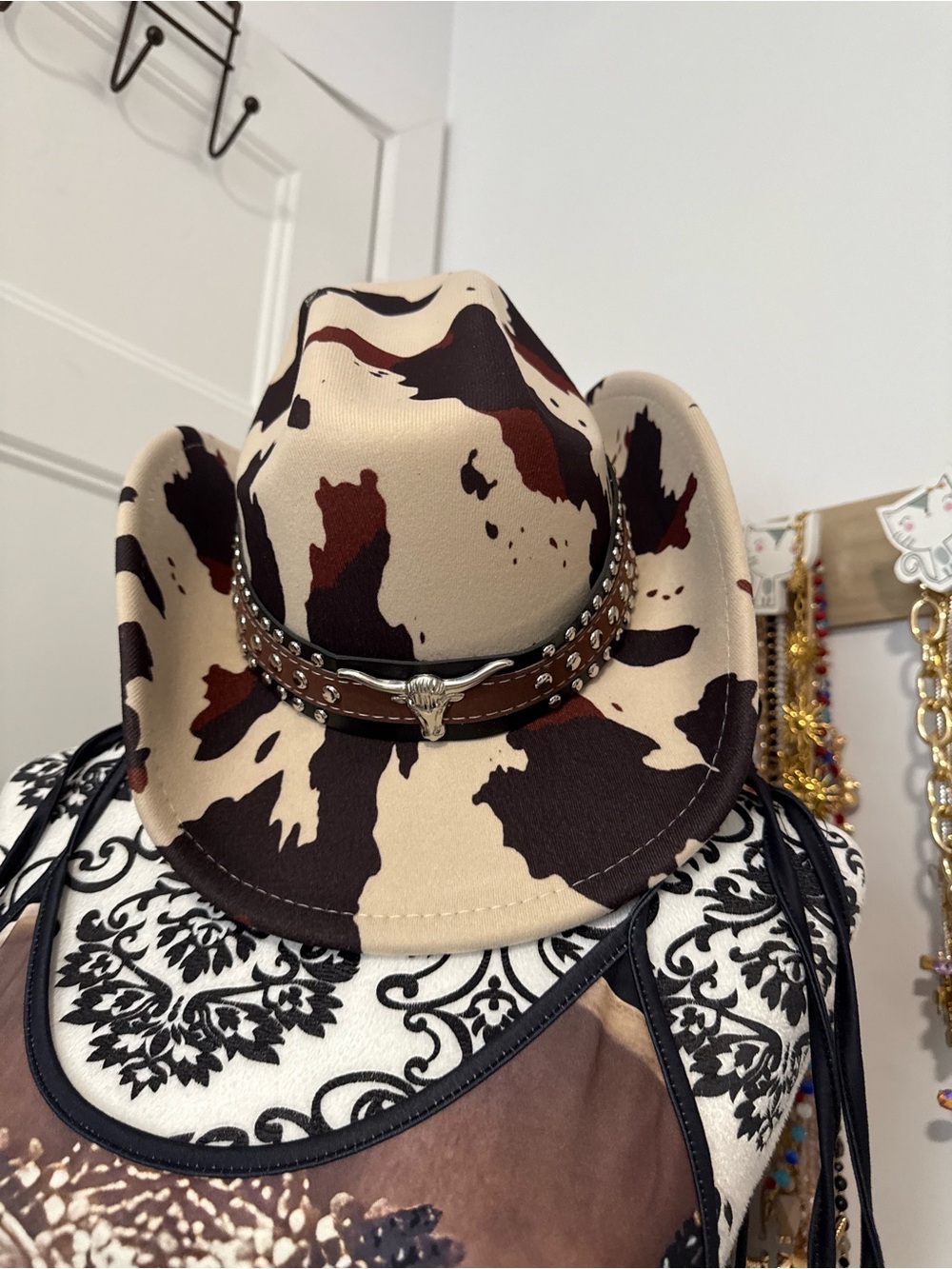 Cow Print Beige & Brown Western Cowboy Hat with Studded Band